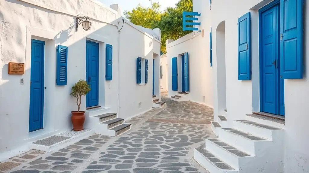 Quiet whitewashed street in Antiparos village