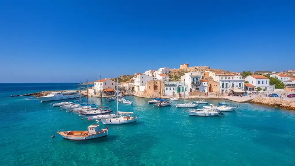 Aerial view of Naoussa fishing harbour on Paros