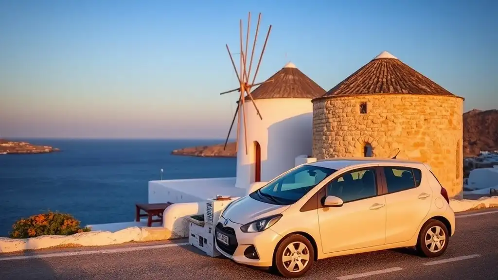 Compact rental car next to a Cycladic windmill in Parikia, Paros