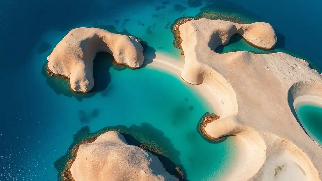 Aerial view of Kolymbithres beach showing the unique granite rock formations